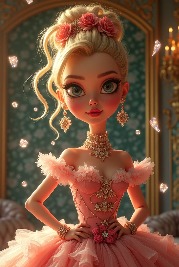 Margot Robbie,Cartoon style,dramatic composition, court style dresses, real, marvelous, volantes em cascata, volantes, arcs, crystal chandeliers, Roman Curly Hairstyles, will put, double ponytails like drills, Look to the camera, bangss, maximalism, palace background, delicate portrait of hair and eyes, Princess Dresses, marvelous skirts, flowers in hand, smile, starry eyes, cinematic light, extreme detail, High definition, happy girl, pretty long hair, diamonds, broken diamonds, crystal fragments, light particles