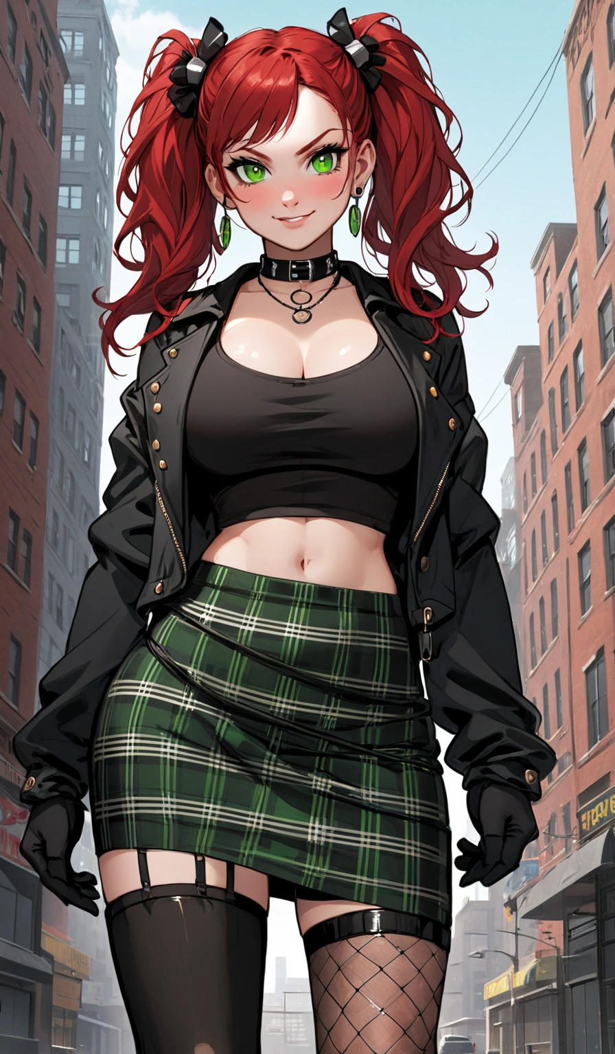 woman, grin, curly red hair in pig tails, green eyes, black eyeshadow, wearing crop top black shirt, long black jacket, red plaid skirt, black knee high boots, black fingerless gloves, exposed shoulders, large breasts, freckles, abs, cleavage, looking up at viewer, masterpiece, best quality, Holo-Punk Style, in the city, make up, eyelashes, fish net undershirt, fish net stockings, (full body)