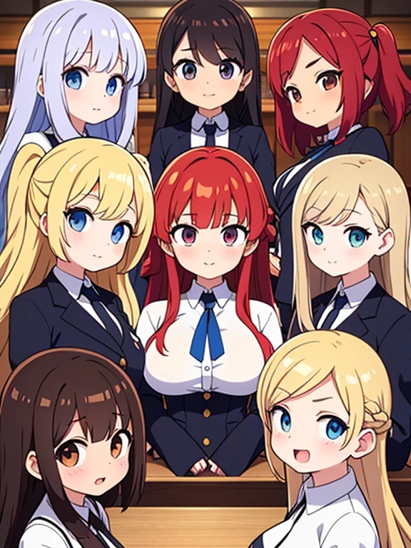 (Best quality, anime cover, genre everyday life, humor, masterpiece), group photo of 8 very different beautiful students in academy uniform, Photo for memory, different emotions, Free postures, interaction, Different hair colors(among them there is only one redhead, 3 blondes, 2 brown-haired and 2 brunettes), Different hairstyles, different hair lengths, different eye colors, Different physiques, Different breast sizes, (There's definitely 1 moody, flat-chested Asian brunette, 1 muscular blonde with short hair, 1 long haired redhead, 1 brunette hippie with pigtails, 1 brown-haired with a flat chest, 1 short round brown-haired woman), graduation photo album, beautiful faces, upper body, A group of girls are laughing at you