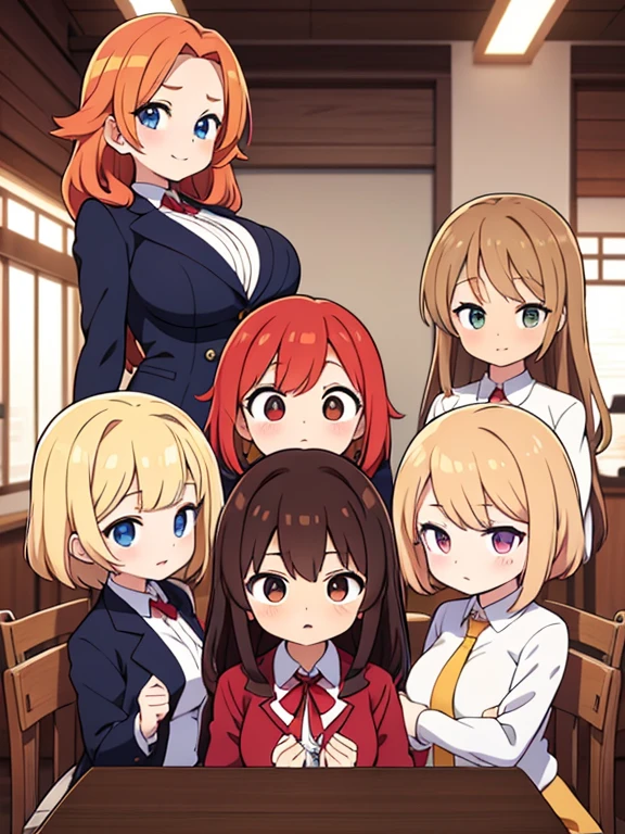 (Best quality, anime cover, genre everyday life, humor, masterpiece), group photo of 8 very different beautiful students in academy uniform, Photo for memory, different emotions, Free postures, interaction, Different hair colors(among them there is only one redhead, 3 blondes, 2 brown-haired and 2 brunettes), Different hairstyles, different hair lengths, different eye colors, Different physiques, Different breast sizes, (There&#39;s definitely 1 moody, flat-chested Asian brunette, 1 muscular blonde with short hair, 1 long haired redhead, 1 brunette hippie with pigtails, 1 brown-haired with a flat chest, 1 short round brown-haired woman), graduation photo album, beautiful faces, upper body, A group of girls are laughing at you