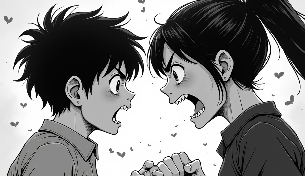 a boy scared looking at me and a girl with scary angry face raging at back black and white manga image