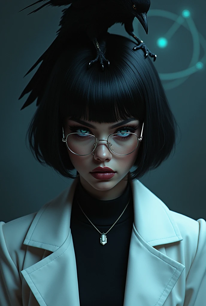 A black girl with a bob haircut, des yeux bleus avec tes lunettes avec un méchant regard, un piercing au nez et à l'arcade, lips with a white jacket, et une chemise noire juste au-dessus d'elle un corbeau et un atome 