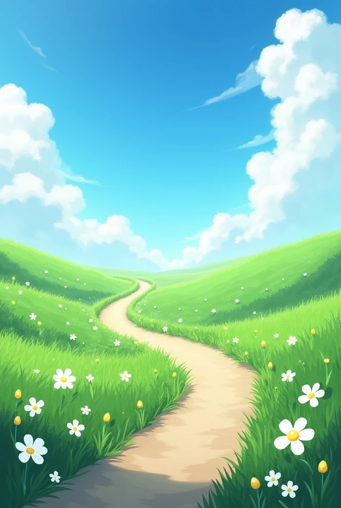 A beautiful and calm path with green grass and white flowers and beautiful sky 