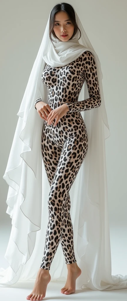 a thinest and the most beautiful asian muslimah woman wears white colour leopard seamless pattern print lycra turtleneck unitard catsuit and always wear white colour leopard seamless pattern print lycra dancewear hijab。