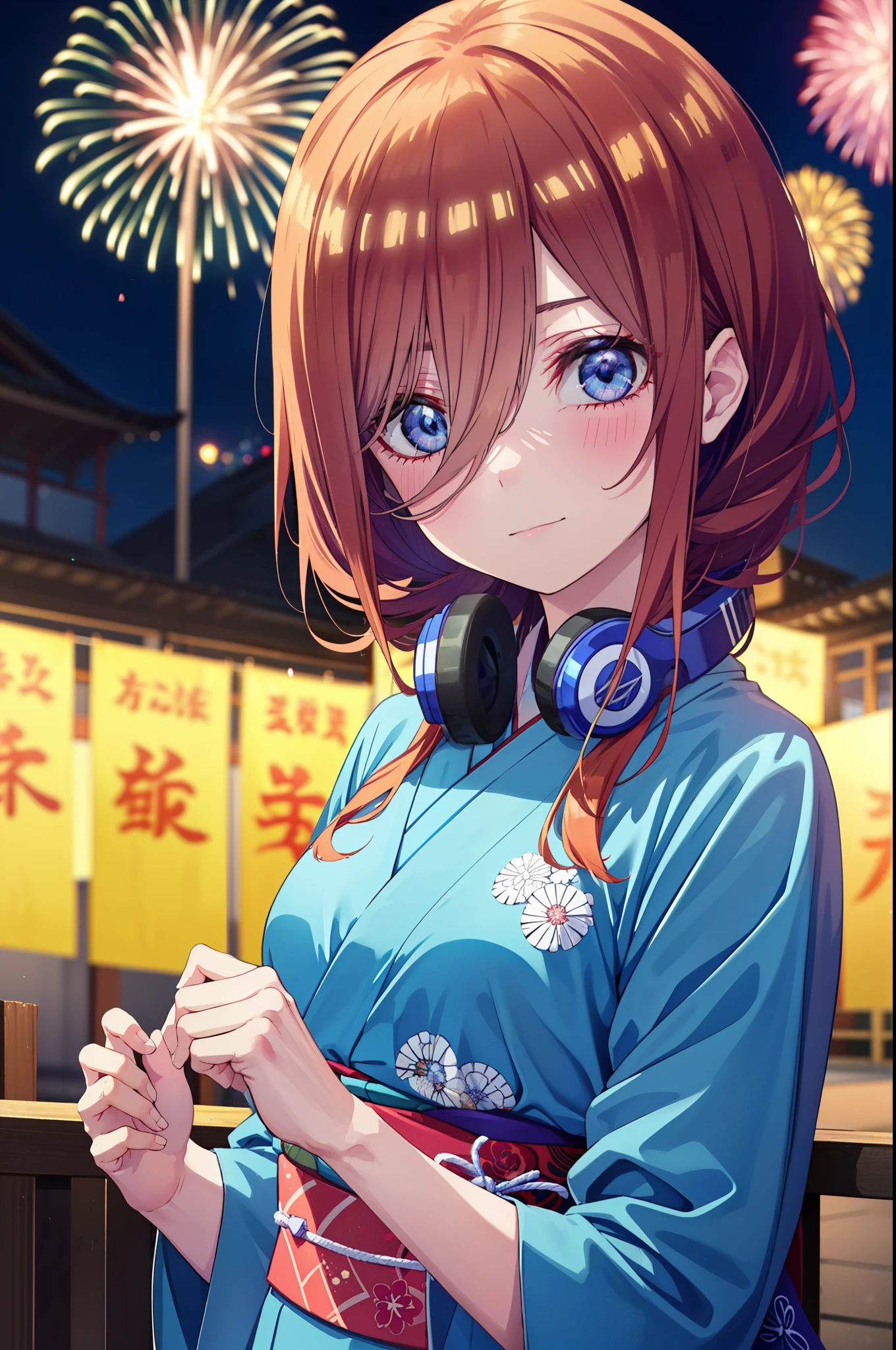 Miku Nakano, miku nakano, Long Hair, bangs, blue eyes, Brown Hair, shirt, Hair between the eyes, Headphones around neck,hair tied back,Flower Hair Ornaments,smile,blush,Blue Kimono,Fireworks in the night sky,Fireworks,The place is a fireworks display,Time is night,sunny day,日本のfestival,夏festivalの屋台,Red lantern,whole bodyがイラストに入るように,
break outdoors, garden,festival,
break looking at viewer, whole body, (Cowboy Shot:1. 5),
break (masterpiece:1.2), Highest quality, High resolution, unity 8k wallpaper, (figure:0.8), (Beautiful attention to detail:1.6), Highly detailed face, Perfect lighting, Highly detailed CG, (Perfect hands, Perfect Anatomy),