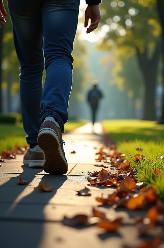 Realistic close up photography of sidewalk from behind pedestrian's shoes, shady trees beside the path and some dry fallen leaves, morning sunlight with a cool atmosphere "dew", green grass