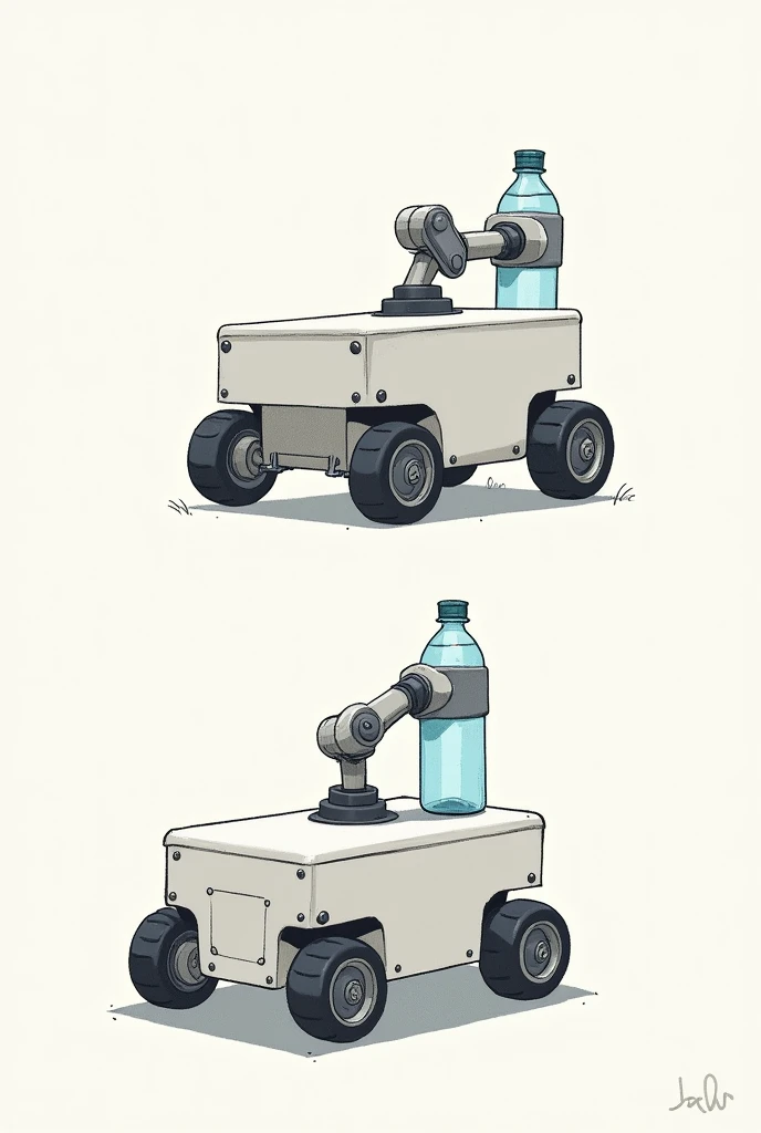 Design and Drawing:
- Shape: The robot looks like a small box with wheels and an arm on top holding a water bottle.
- Size: About the size of a small shoebox.
- Drawing: Draw the robot from the top to show the wheels and the arm, and from the side to show how the water bottle is placed.