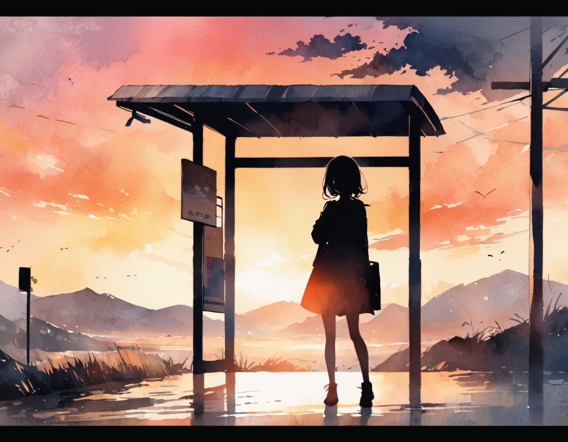 A silhouette of a female student standing at a deserted bus stop in the countryside、Look at me and smile、Raise one hand、Scenery of Showa、sunset、Watercolor、half body photo