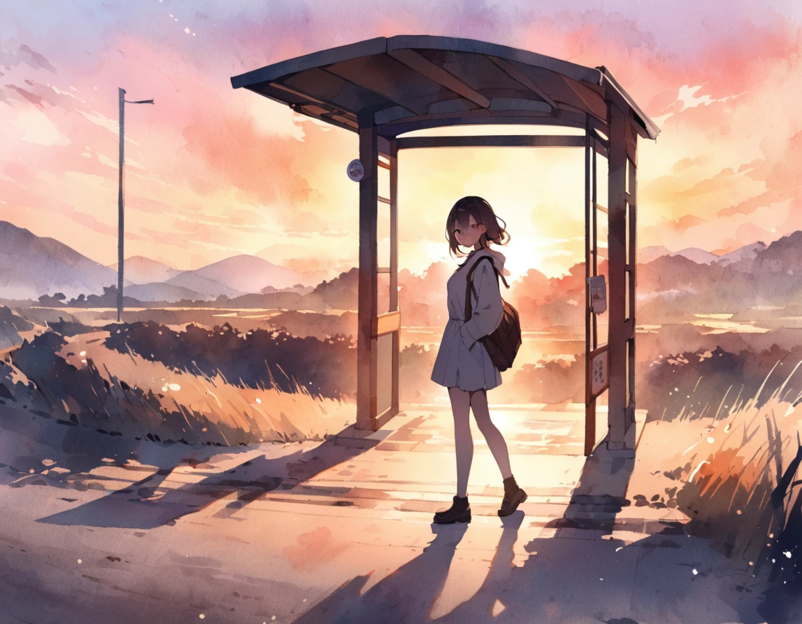 A silhouette of a female student standing at a deserted bus stop in the countryside、Look at me and smile、Raise one hand、Scenery of Showa、sunset、Watercolor、half body photo