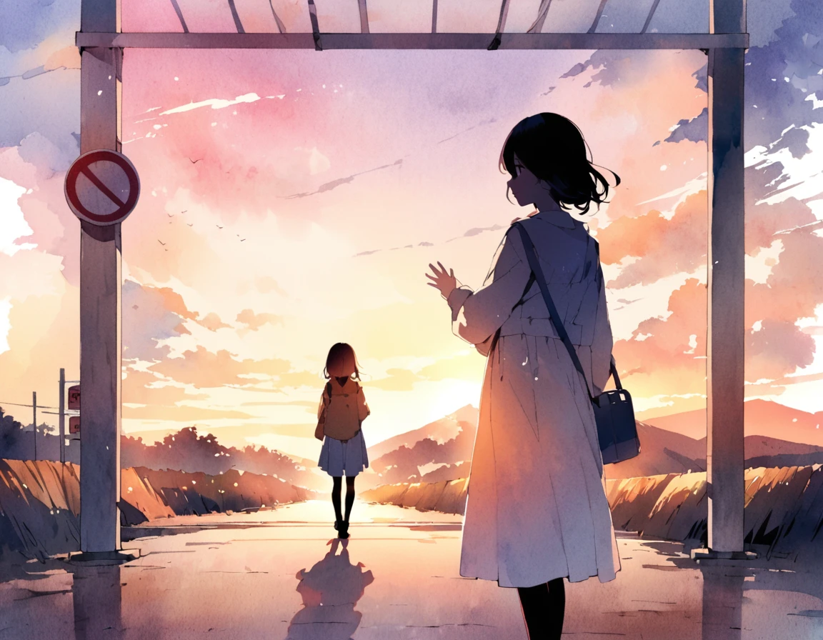 A silhouette of a female student standing at a deserted bus stop in the countryside、Look at me and smile、Raise one hand、Scenery of Showa、sunset、Watercolor、half body photo