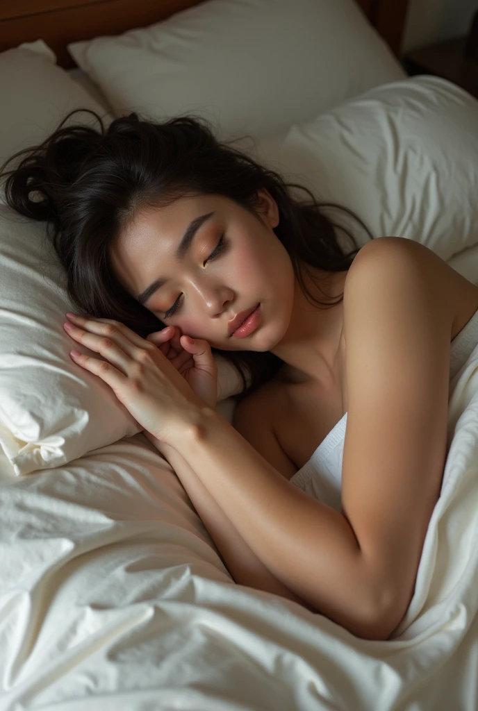Beautiful and cute corean naked teacher sleeping in the bed 
