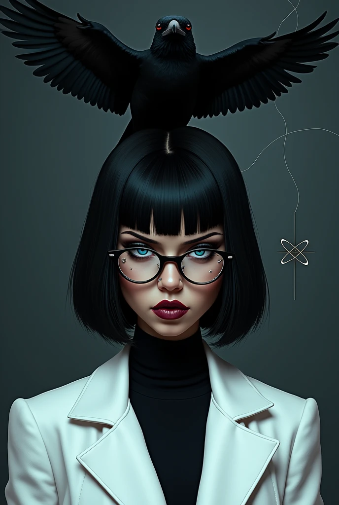 A black girl with a bob haircut, des yeux bleus avec tes lunettes avec un méchant regard, un piercing au nez et à l'arcade, lips with a white jacket, et une chemise noire juste au-dessus d'elle un corbeau et un atome