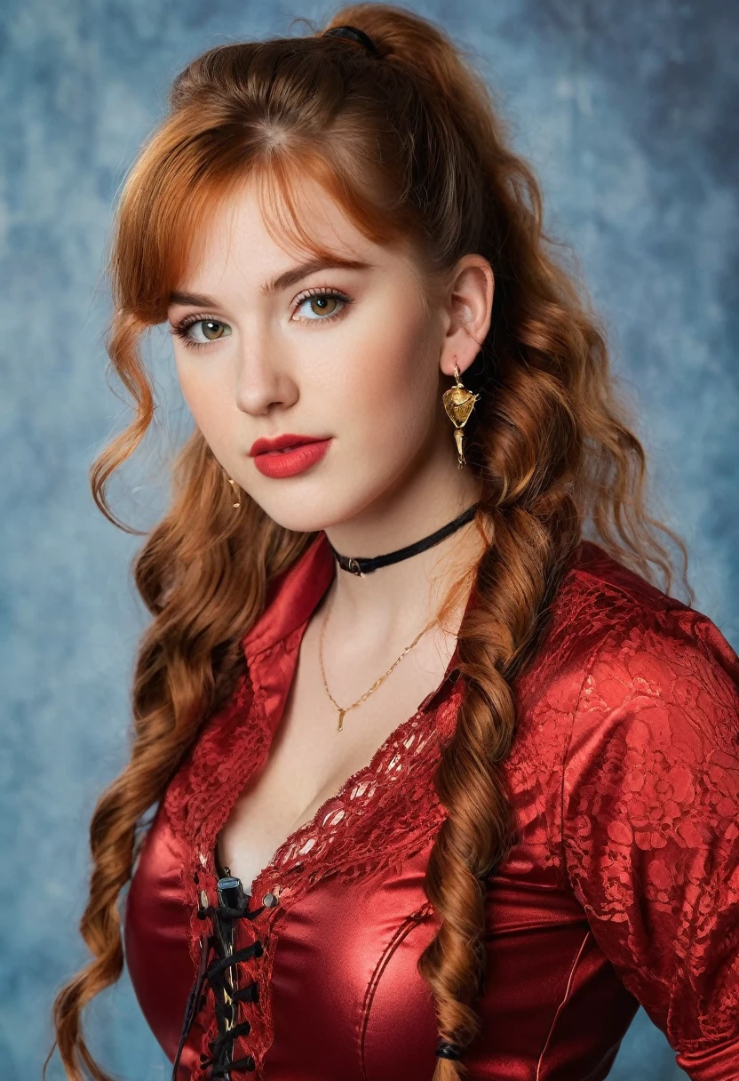 A young lady aged 16 yrs, with long red hair, wavy hair, tied in a side ponytail, with air bangs. She is wearing a red lace-up shirt. She is wearing leather pants. She has an hourglass figure. She is wearing gold earrings. Looking directly into the camera. She has tan skin, and braces, constricted pupils, parted lips, large breasts, perfect lips, big lips, perfect nose, cute face, baby face, Hyperrealism, cinematic lighting, jpeg artifacts, full body photo, bokeh, textured skin, UHD, best quality, masterpiece, high details