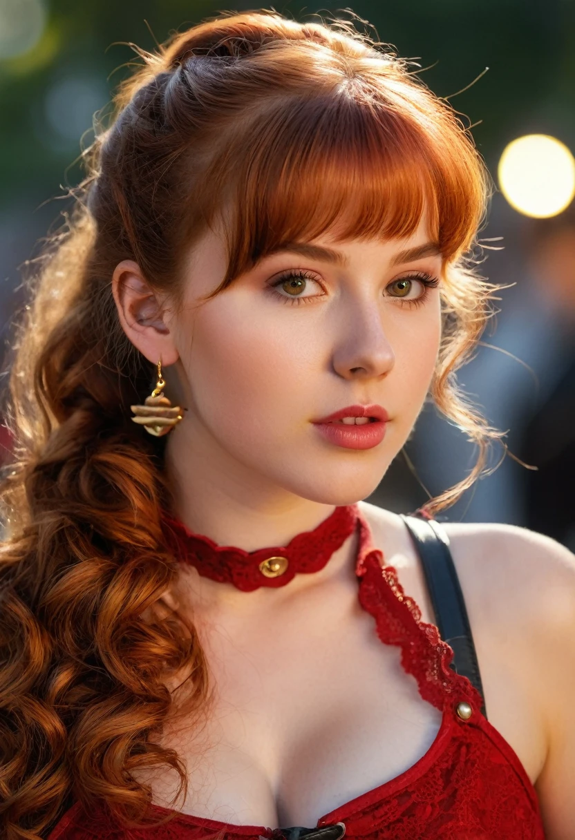 A young lady aged 16 yrs, with long red hair, wavy hair, tied in a side ponytail, with air bangs. She is wearing a red lace-up shirt. She is wearing leather pants. She has an hourglass figure. She is wearing gold earrings. Looking directly into the camera. She has tan skin, and braces, constricted pupils, parted lips, large breasts, perfect lips, big lips, perfect nose, cute face, baby face, Hyperrealism, cinematic lighting, jpeg artifacts, full body photo, bokeh, textured skin, UHD, best quality, masterpiece, high details