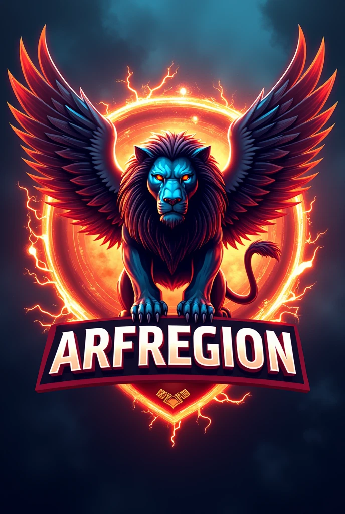 winged lion esport logo with fire effect and lightning effect with the words ARFREGION