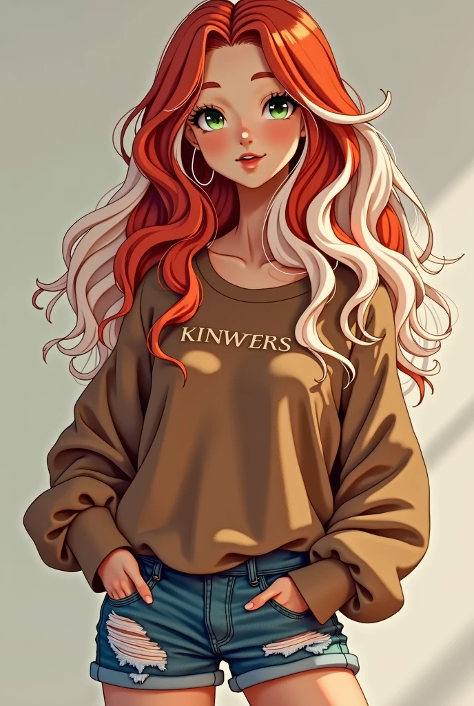 A 20-year-old woman with long, wavy red and white hair, green eyes and a round, flushed face, wearing a brown sweater with small white letters written on it, ripped denim shorts and white sneakers.