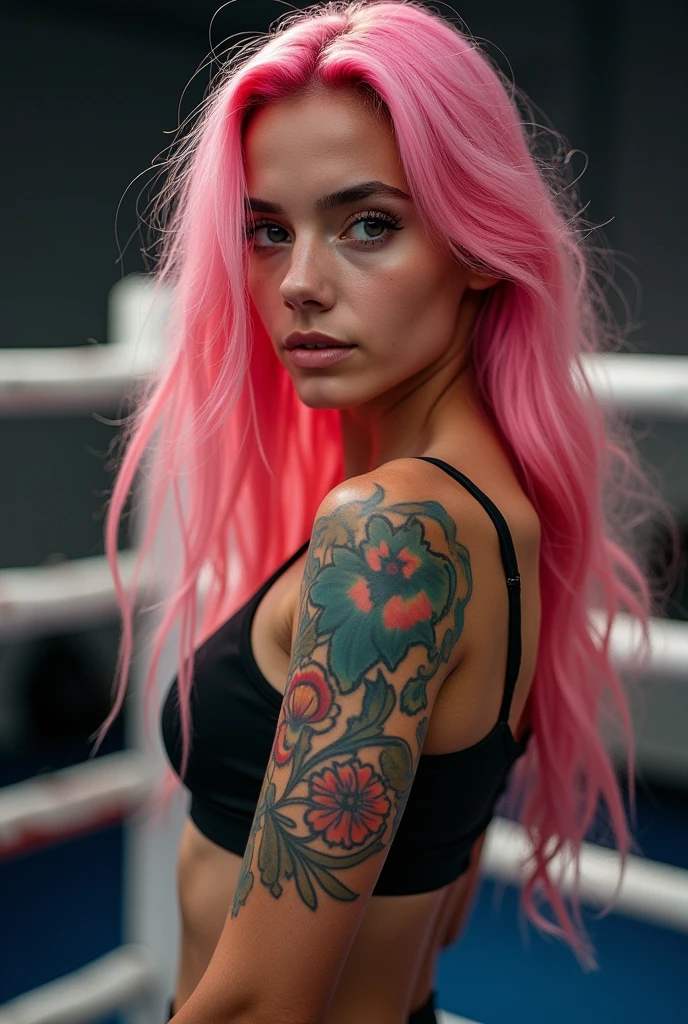 Photography of a 16 year old woman, perfect face, masterpiece, OK,, pink hair, boxing, Ombre hair , In the ring,Cute face, long hair, Lines that embody movement, best quality, color tattoo, boxer