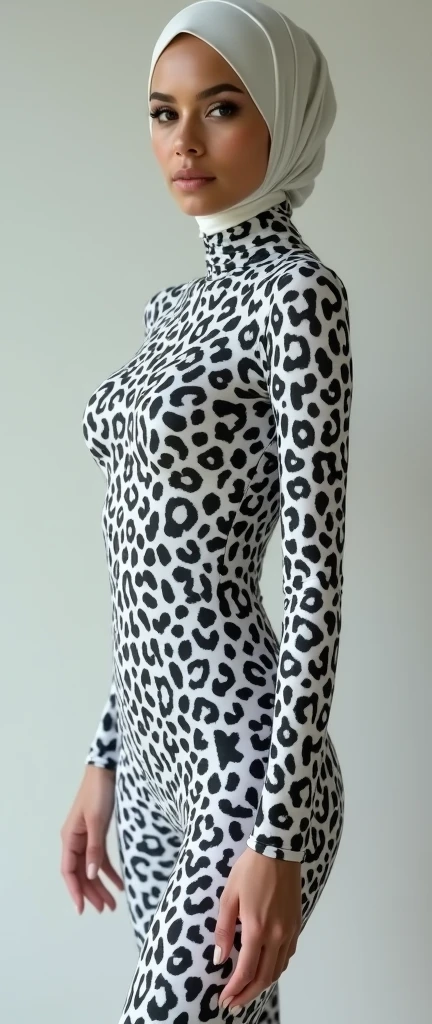 A thinest and beautiful asian muslimah woman wears white leopard print lycra turtleneck unitard catsuit covered with black patterns.She always wear white leopard print seamless lycra hijab.She wears like a lycra spandex costume.