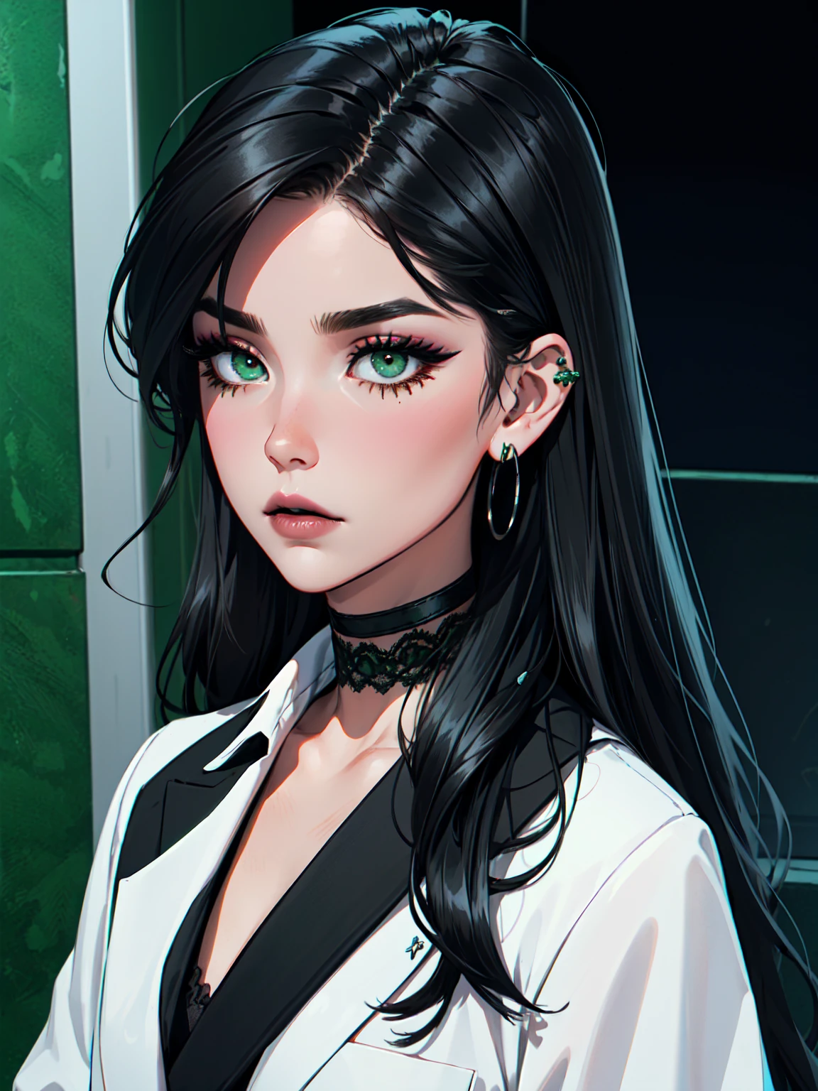 emo_hairstyle, ((tight black suit)), (black lace blazer), black tie, ((long hair)), ((straight hair)), (((black hair))), side swept bangs, white skin, pale, white, (green eye), tired expression, choker, ((dark makeup, mascara, eyeshadow)), multiple piercings, best quality, 8k, dark laboratory, dim lighting, white shirt, erotic, slytherin
