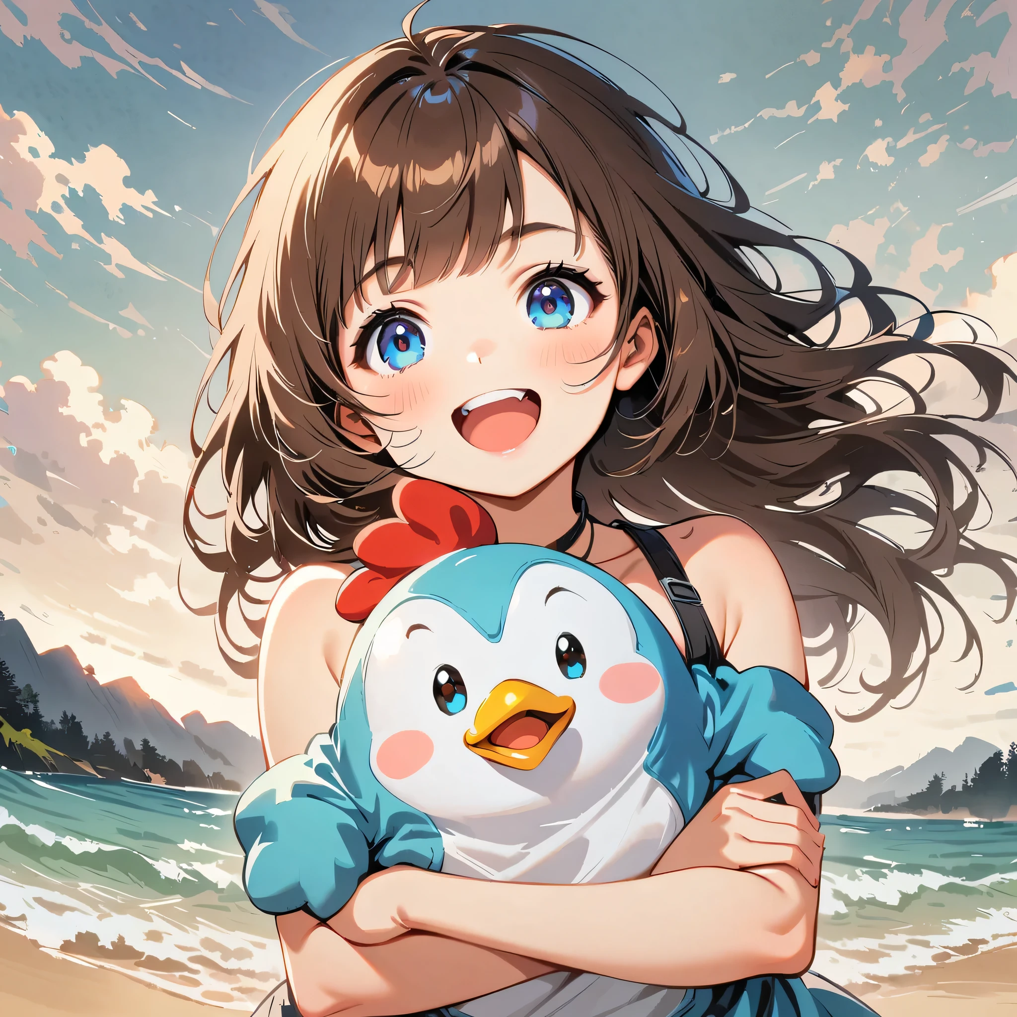 Girl with brown hair, blue eyes, wearing a chicken mascot, cute and fun.