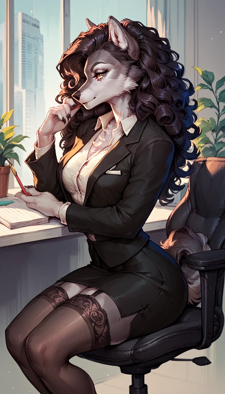 Furry, female wolf, Wolf, beautiful, curly hair, formal suit, office skirt, stockings, sits in an office chair, director, solo, One, view slightly in profile