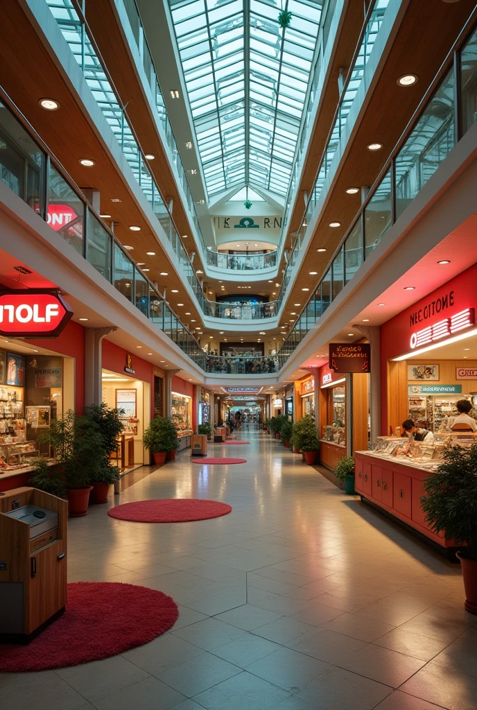 We are in a shopping center in the year 1980 so there are many details of the time, there are no people in the image, only the place