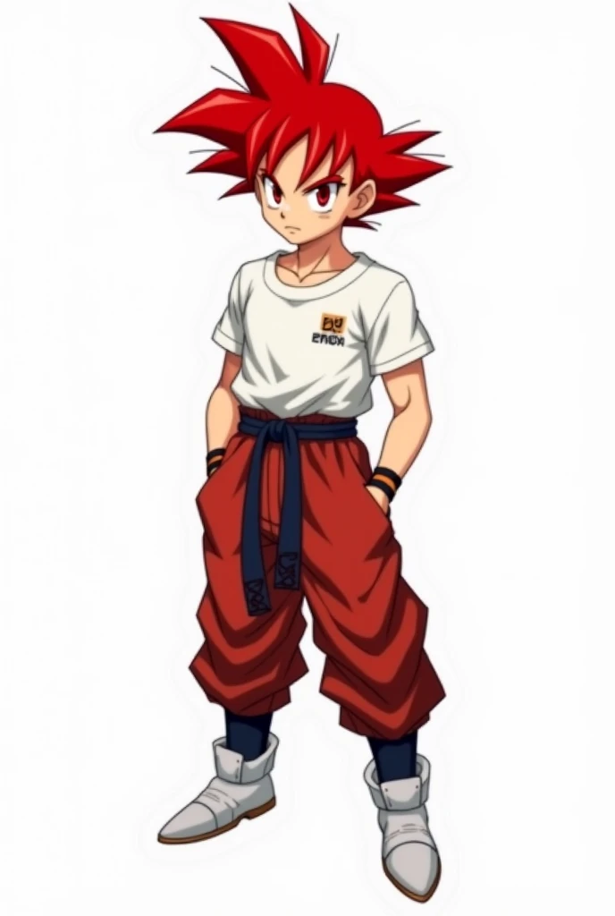 Create a dragon ball style anime character with red eyes red hair white shirt and red black pants and white shoes and white background