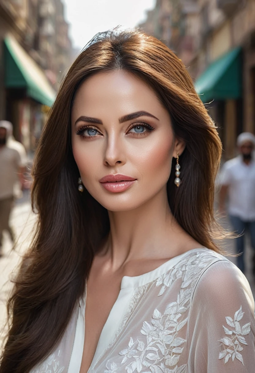 ((Angelina Sole)),((Highest quality, 8k, masterpiece : 1.3)), Sharp focus : 1.2, Beautiful woman with perfect figure : 1.4, ((Dark brown hair)), (Natural light, City Street : 1.1), Highly detailed face and skin texture, Beautiful Eyes, double eyelid、((Professional makeup:1.3))、((Sexy Mature:1.3))、Thick lips、Lip gloss、eye make up,((Arabic:1.3)),Close-up portrait, Model Body、Sharp focus, Perfect dynamic composition, 美しくてBeautiful Eyes, ((White Division:1.3))、A light smile、Plump system