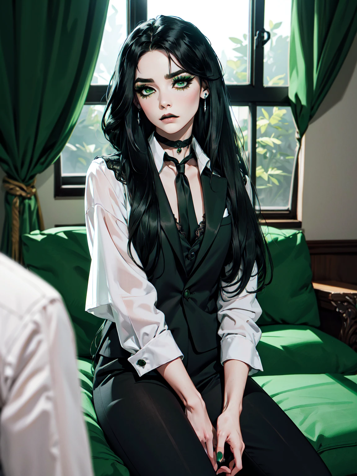 emo_hairstyle, ((tight black suit)), (black lace blazer), black tie, ((long hair)), ((straight hair)), (((black hair))), side swept bangs, white skin, pale, white, (green eye), tired expression, choker, ((dark makeup, mascara, eyeshadow)), multiple piercings, best quality, 8k, dark laboratory, dim lighting, white shirt, erotic, slytherin