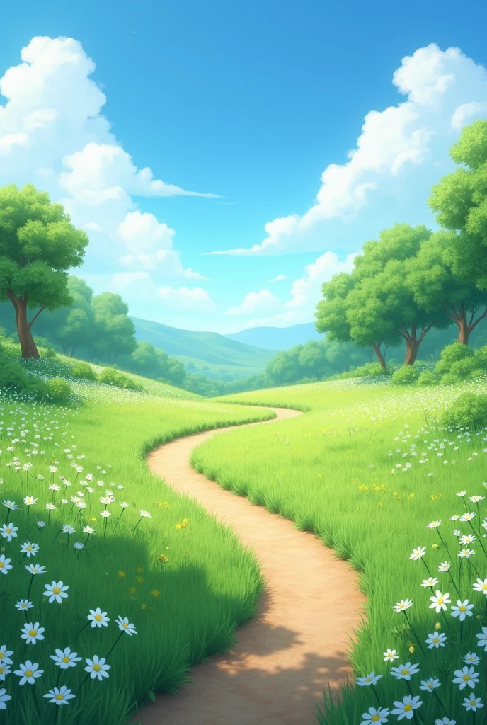 A beautiful and calm 8k full hd ultra realistic path with green grass and white flowers and beautiful sky