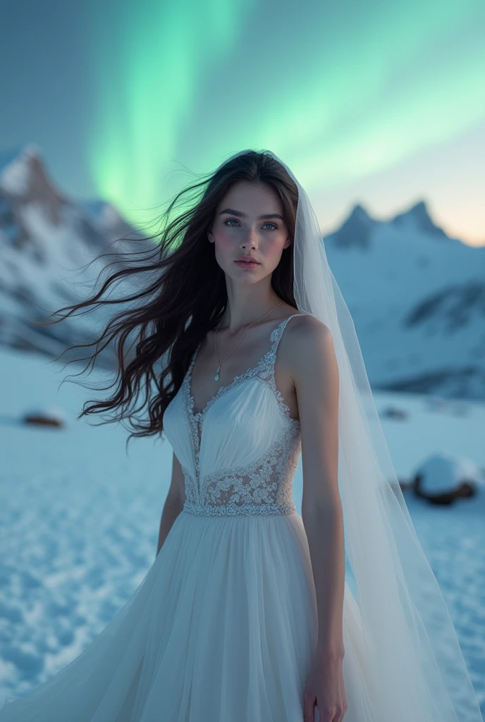 (best quality,4K,8K,high resolution,masterpiece:1.2),Extremely detailed,Practical,photoPractical:1.37, HDR, Ultra HD, Studio Lighting, Extremely detailed的描述, professional, Bright colors, Bokeh, portrait, landscape, Romantic, elegant, Ethereal, Pastel color palette, Soft lighting, Fluid Movement, Delicate lace, enchanting, magic, beautiful, peaceful, Like a dream, Black Hair, flowing lock, Beautiful and delicate eyes, Beautiful and delicate lips, Northern Lights, Flashing Lights, Mysterious atmosphere, Snow Peak, Cold and elegant, serene, fairy tale, breeze,full-body shot,(Wedding dress),(veil)