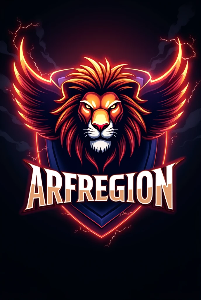 esport logo lion head with wings fire effect and lightning effect with the words ARFREGION 