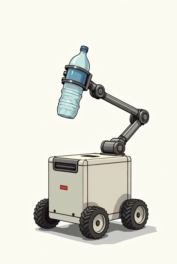 Design and Drawing:
- Shape: The robot looks like a small box with wheels and an arm on top holding a water bottle.
- Size: About the size of a small shoebox.
- Drawing: Draw the robot from the top to show the wheels and the arm, and from the side to show how the water bottle is placed.