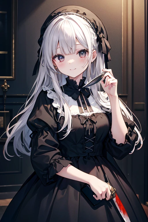 Holding a black telephone receiver、Wearing a cute dress、Smile eerily、There was a bloody knife nearby、I、Mary, I'm behind you now.、Tattered Doll、blue eyes