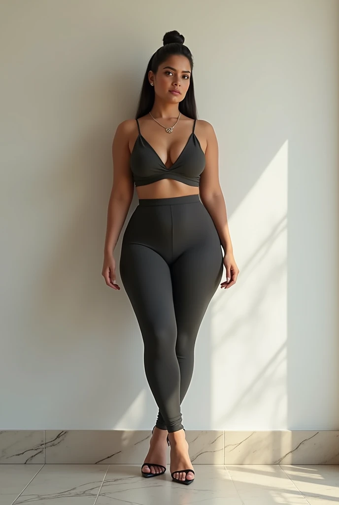 (photorealism:1.2), beautiful indian north indian married woman, 35yo, big boobs, standing against white wall at home with floor tiles, wearing semi-professional office top with deep cleavage and matching leggings, high stilletos, long straight hair bun, office, soft lighting, nothing in background