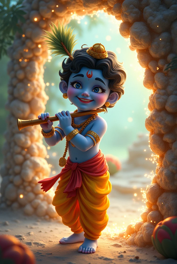 Bal Krishna smiling mischievously while holding his flute, standing near a shimmering, glowing portal with flickering shadows inside."
