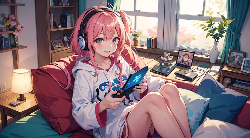 Please draw a scene of Kawaii playing a video game.。With a smile、Sitting on the couch with a game controller in hand、I have headphones on。In the background, a cozy room is depicted.、You can see the game monitor and decorations。Dressed casually、The colours used throughout the room create a bright and cheerful atmosphere.。