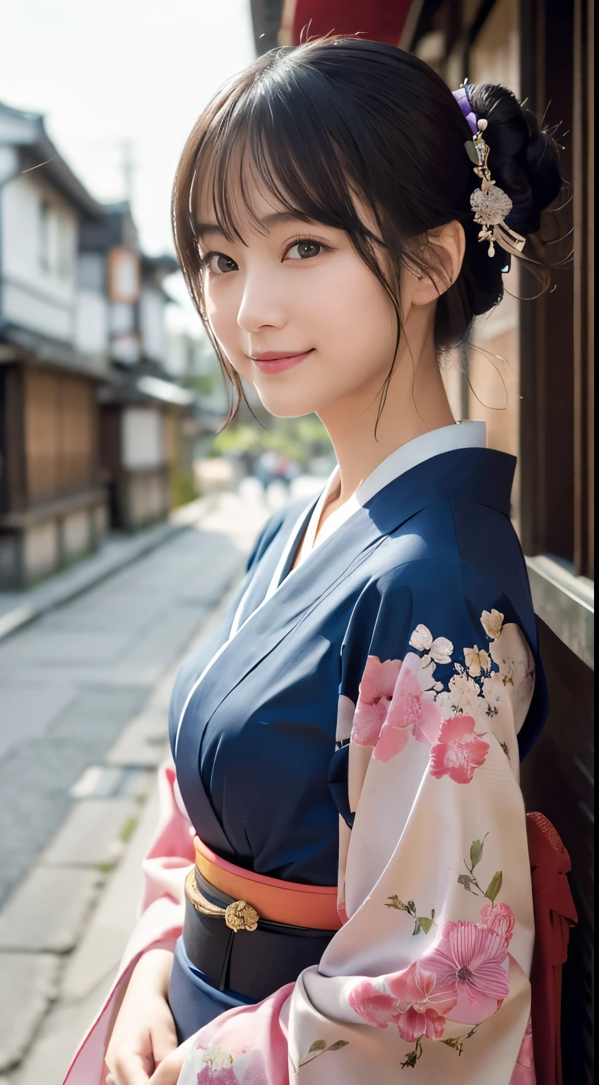 Professional Lighting,(Photorealistic:1.4), (Top image quality:1.0), (超High resolution:1.0), 8k, Raw photography, (masterpiece:0.2), (Facing the children_v1:0.5)、(最高quality Detail:1.2)、Realistic、8k UHD、High resolution、(1 person:1.2)、超detailedな、High quality textures、複雑なdetailed、detailed、Very detailed CG、High quality shadows、detailed 美しく繊細な顔、Beautiful details and a delicate eye、(Symmetrical eyes:1.2),Written boundary depth、Ray Tracing,1 person, Japanese, (Natural smile:1.4),cute, thin, Portrait of a beautiful Japanese woman in a kimono, Standing elegantly on a street corner in Kyoto. Kimono with vibrant traditional patterns, Hair decorated with elegant and delicate hairpins, Gentle expression. (With the old streets of Kyoto in the background:1.4)、The soft light of a spring afternoon、Adding tranquility to the scene. Rendered in a Realistic style with great attention to detail, High resolutionの画像.Sky Porn, Magic Hour, (Realistic:1.3), finely, quality, (Tabletop:1.2), (Realistic:1.2), (最高quality), (複雑なdetailed), dramatic, Ray Tracing, photograph, +roller