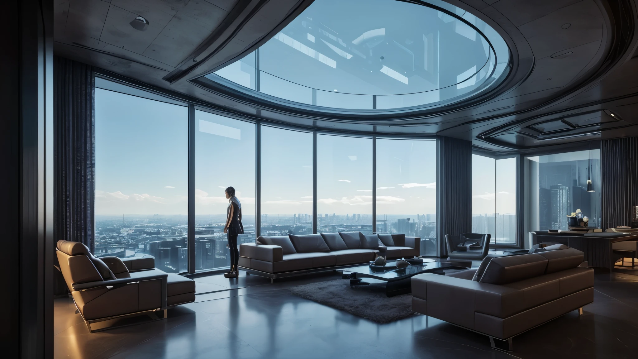 scifi, luxury house, architectual, space design, cyberpunk, futuristic, hightech, hard-surface design, daylight, much tech, much electronic, much space, very cozy, ambient light, realistic view, wide angle, year 2124