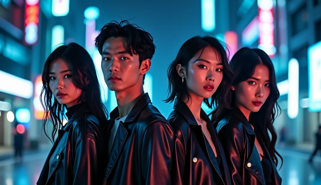 A sci-fi thriller movie poster featuring four stunning Asian leads—two handsome men and two beautiful women—all dressed in contemporary attire and sporting dark hair. The poster is set against a backdrop of a neon-lit city at night, creating a mysterious and futuristic atmosphere.