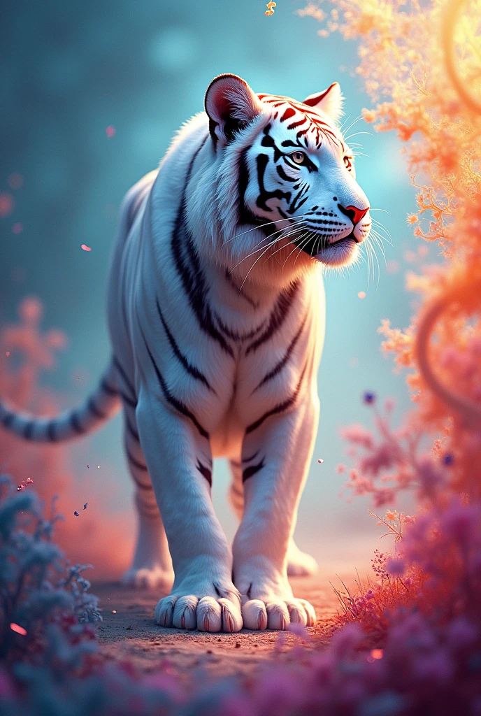 A multi-colored wallpaper with a white tiger 