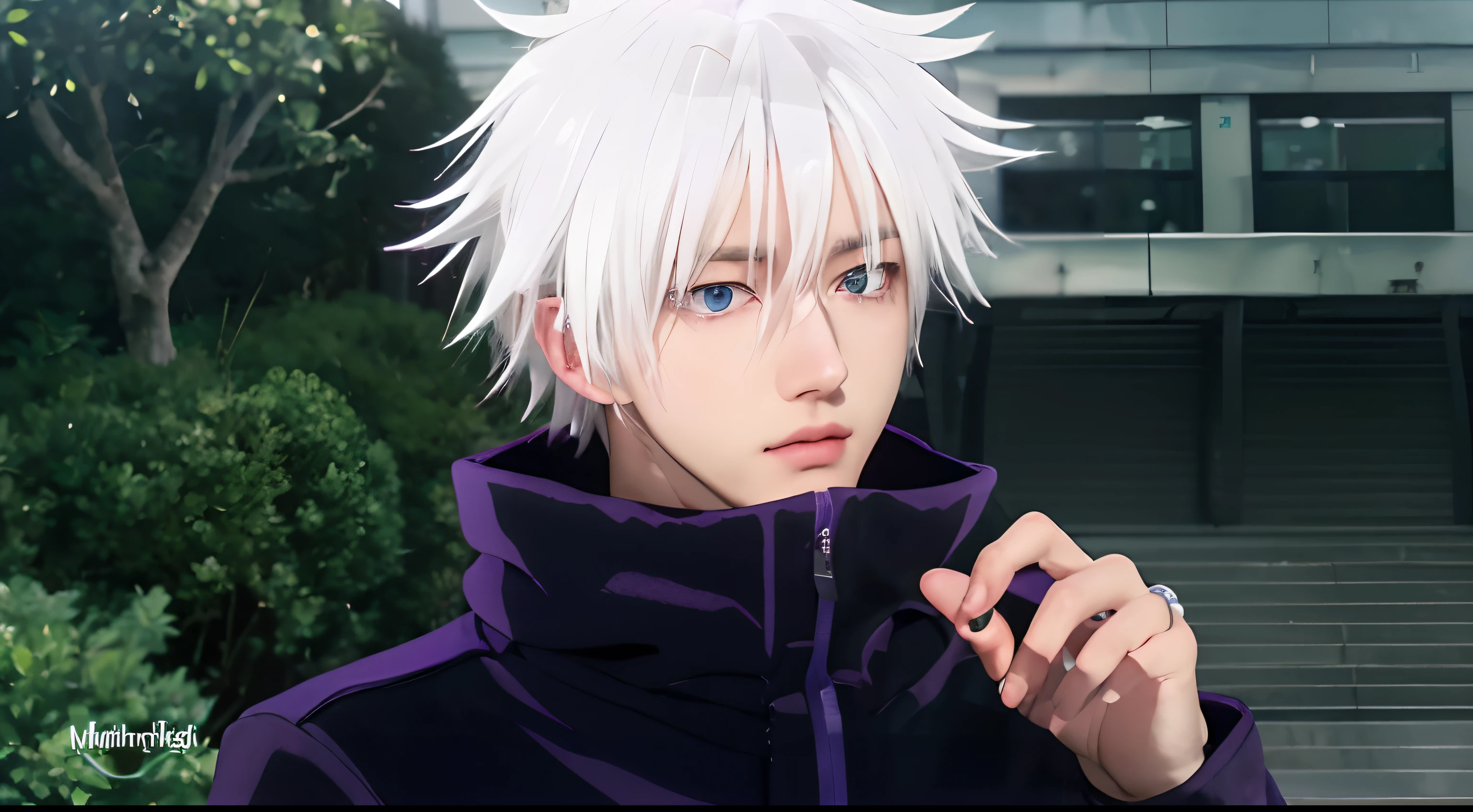 Close-up of a man with white hair and a purple jacket, nagito komaeda, nagito komaeda from danganronpa, Come on Yatate, killer zoldyck black hair, gray hairD, male anime character, killer zoldyck, gray hairD deity, gray-haired, Gojo Satoru, Blue eyes