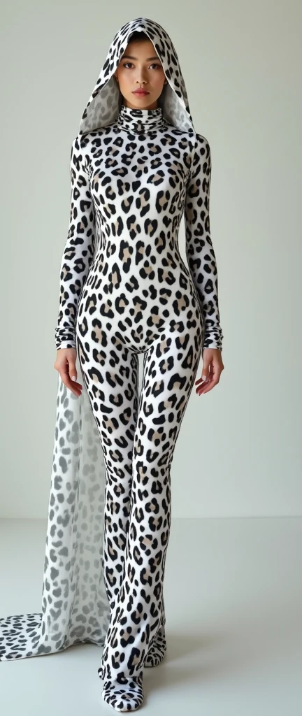 a thinest and the most beautiful asian muslimah woman wears white colour leopard seamless pattern print lycra turtleneck zentai unitard catsuit and always wear white colour leopard seamless pattern print lycra dancewear zentai hood-like hijab。




