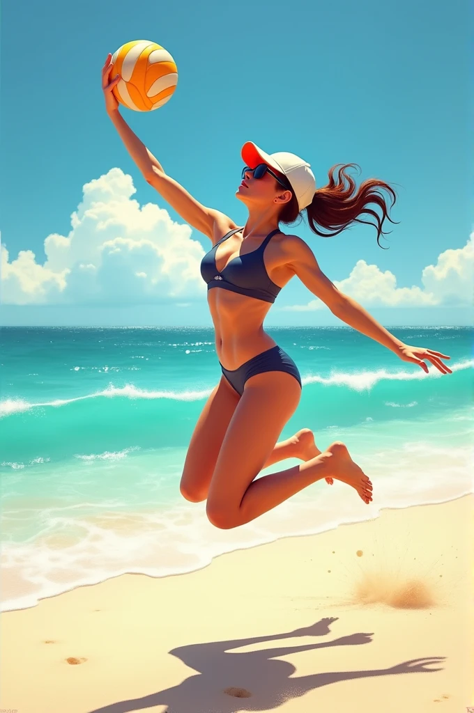 Scenario: The Beach Volleyball Player

Description: A woman in her late 20s is mid-air, leaping to spike a volleyball on a sandy beach. She’s wearing a sports bikini, sunglasses, and a baseball cap. Her posture is dynamic, with one arm extended to hit the ball and her other arm slightly raised for balance. The sun is shining brightly, casting shadows on the sand, and the ocean waves are visible in the background.