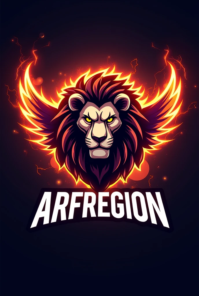 esport logo lion head with wings fire effect and lightning effect with the words ARFREGION