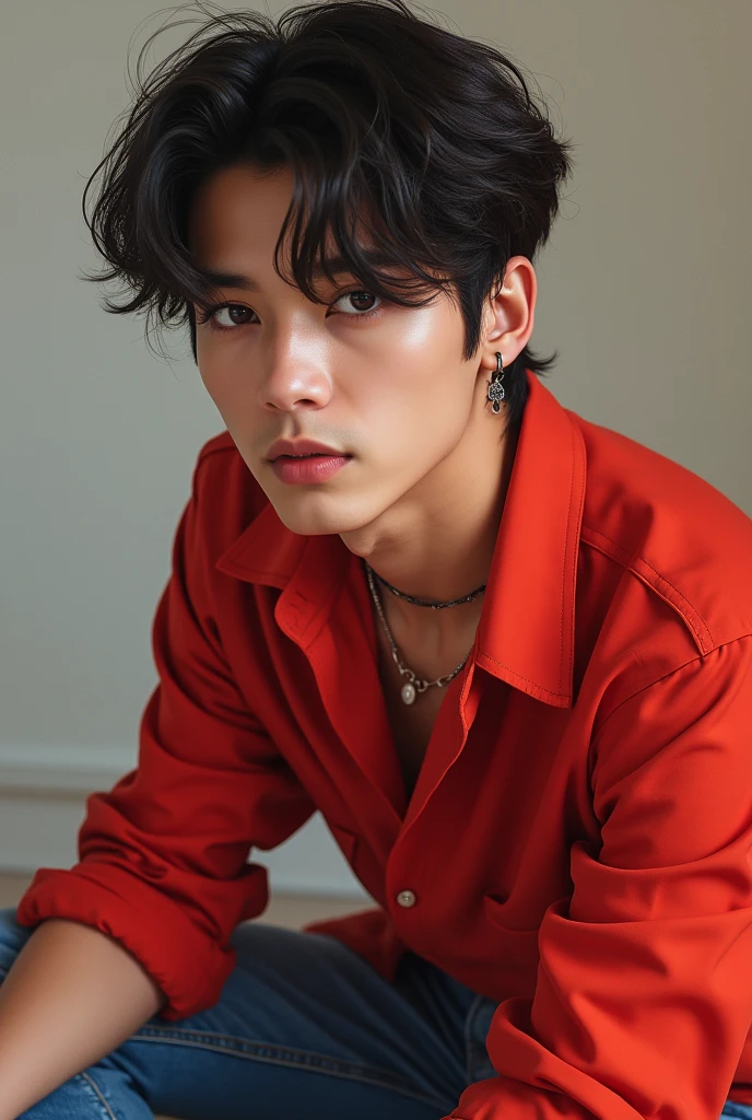 BTS, Kim taehyung, V, Kpop, red shirt, blue pants 