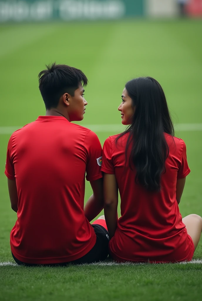 a young man (arhan) Indonesian national football team,with the red Indonesian national team jersey,sitting in thought on the sidelines,sitting with a beautiful Indonesian woman,slightly fat woman,short t-shirt,football field background,Photo realistic,real,4k,8k,UHD