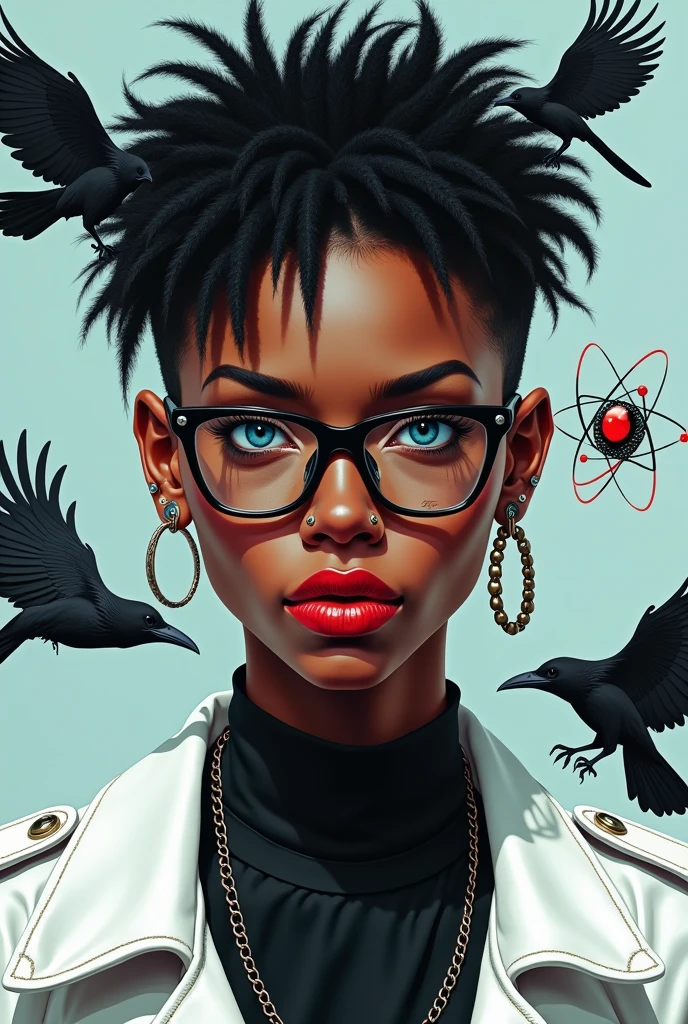 Une fille noire avec une coupe de cheveux au carré en pagaille, des yeux bleus avec tes lunettes avec un méchant regard, un piercing au nez et à l'arcade, lèvres avec une veste blanche, et une chemise noire juste au-dessus d'elle un corbeau et un atome