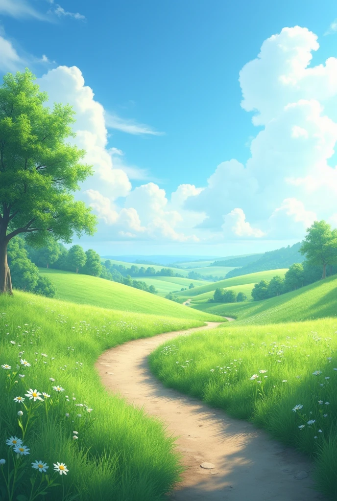 A beautiful and calm 8k full hd ultra realistic path with green grass and white flowers and beautiful sky 