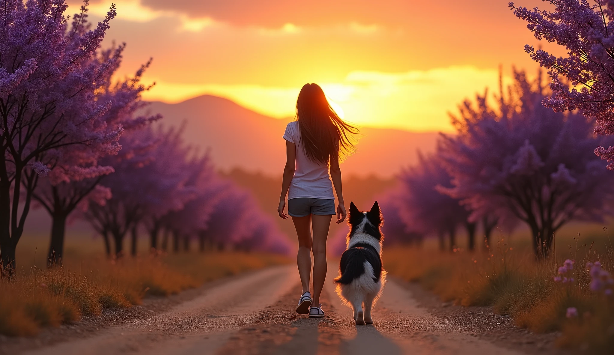young woman and her border collie walking on a dirt road, shot from behind, Jacaranda mimosifolia trees on both sides of the road, mountains in the distance, few clouds, deep orange sunset, realistic lights, 4k, hyperrealistic,